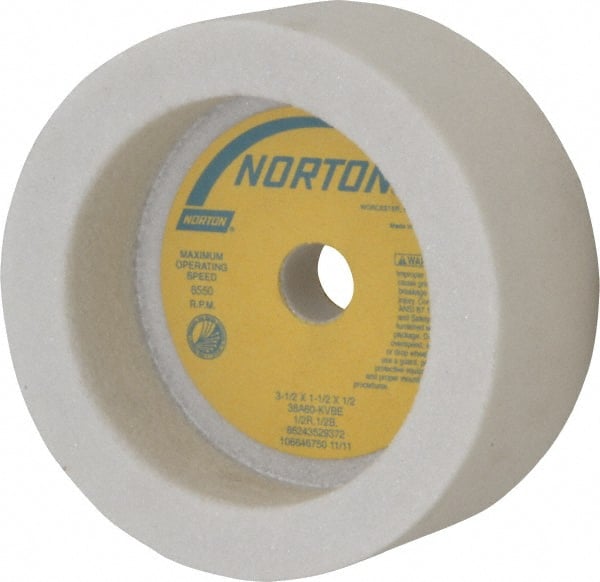 Norton - 3-1/2" Diam, 1/2" Hole Size, 1-1/2" Overall Thickness, 60 Grit, Type 6 Tool & Cutter Grinding Wheel - Medium Grade, Aluminum Oxide, K Hardness, Vitrified Bond, 6,550 RPM - Exact Tooling
