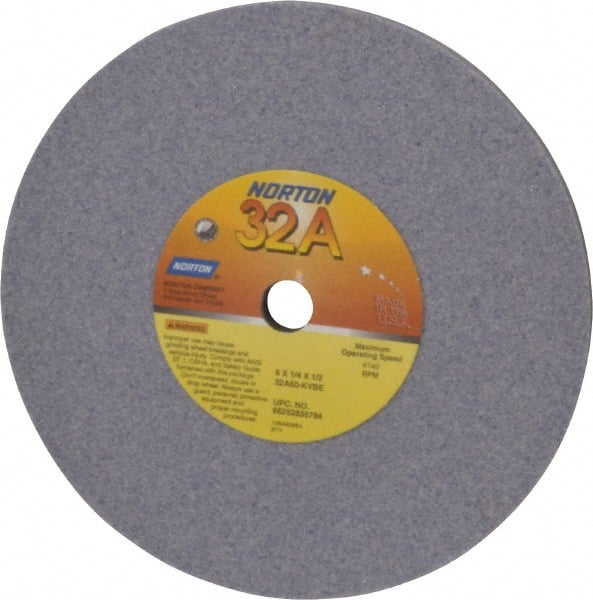 Norton - 6" Diam x 1/2" Hole x 1/4" Thick, K Hardness, 60 Grit Surface Grinding Wheel - Aluminum Oxide, Type 1, Medium Grade, 4,140 Max RPM, Vitrified Bond, No Recess - Exact Tooling