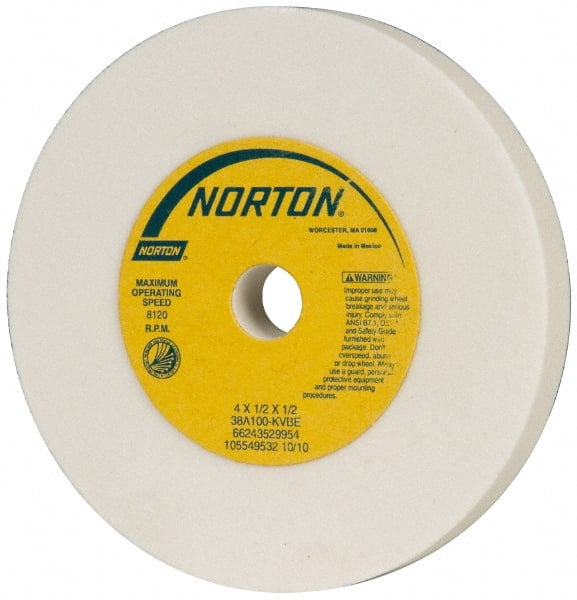 Norton - 100 Grit Aluminum Oxide Type 1 Internal Grinding Wheel - 4" Diam x 1/2" Hole x 1/2" Thick, 8,120 Max RPM, Type 1 Fine Grade, K Hardness, Vitrified Bond, No Recess - Exact Tooling