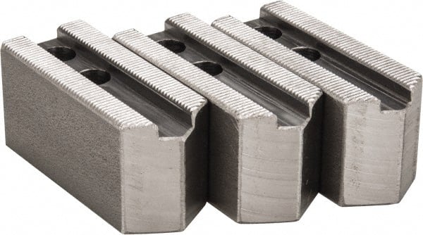 H & R Manufacturing - 1.5mm x 60° Serrated Attachment, Square Soft Lathe Chuck Jaw - 3 Jaws, Steel, 0.787" Btw Mount Hole Ctrs, 3-1/8" Long x 1-1/4" Wide x 1-1/2" High, 0.472" Groove, 10mm Fastener - Exact Tooling