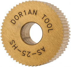 Dorian Tool - 3/4" Diam, 90° Tooth Angle, 25 TPI, Standard (Shape), Form Type High Speed Steel Straight Knurl Wheel - 3/8" Face Width, 1/4" Hole, Circular Pitch, Bright Finish, Series A - Exact Tooling