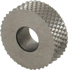 Made in USA - 1/2" Diam, 90° Tooth Angle, 30 TPI, Standard (Shape), Form Type High Speed Steel Male Diamond Knurl Wheel - 3/16" Face Width, 3/16" Hole, Circular Pitch, 30° Helix, Bright Finish, Series EP - Exact Tooling
