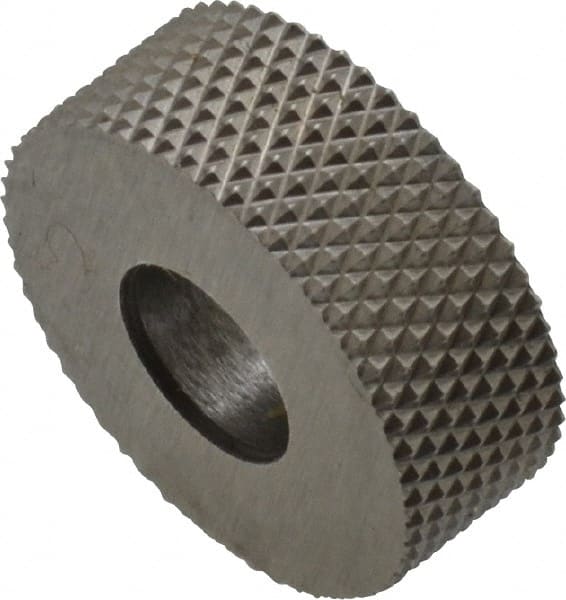 Made in USA - 1/2" Diam, 90° Tooth Angle, 40 TPI, Standard (Shape), Form Type High Speed Steel Male Diamond Knurl Wheel - 3/16" Face Width, 3/16" Hole, Circular Pitch, 30° Helix, Bright Finish, Series EP - Exact Tooling