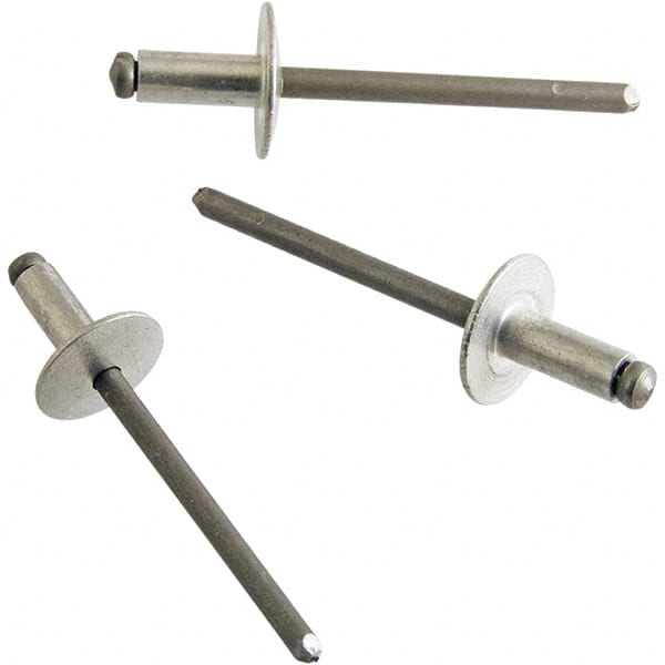 STANLEY Engineered Fastening - Size 4 Large Flange Head Aluminum Open End Blind Rivet - Aluminum Mandrel, 0.063" to 1/8" Grip, 1/8" Head Diam, 0.129" to 0.133" Hole Diam, 0.078" Body Diam - Exact Tooling