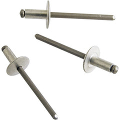 STANLEY Engineered Fastening - Size 4 Large Flange Head Aluminum Open End Blind Rivet - Aluminum Mandrel, 0.063" to 1/8" Grip, 1/8" Head Diam, 0.129" to 0.133" Hole Diam, 0.078" Body Diam - Exact Tooling