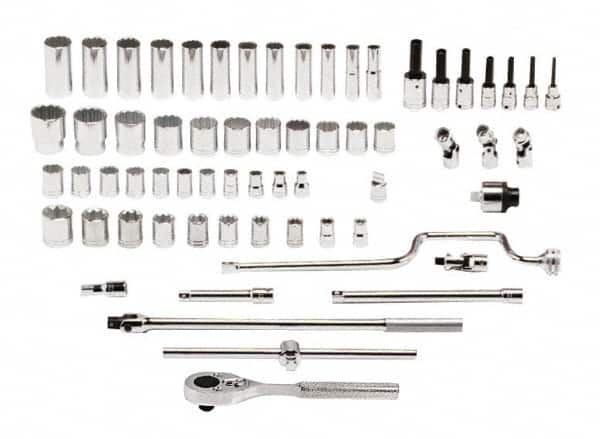 Proto - 65 Piece 1/2" Drive Standard Deep Socket Set - 8 & 12 Points, 3/8 to 1-1/2", Inch Measurement Standard - Exact Tooling