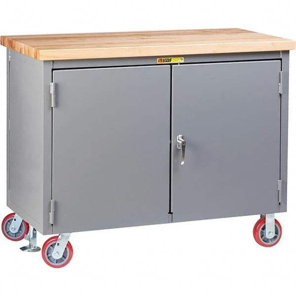 Little Giant - 3,000 Lb Capacity, 2 Shelf, 2 Door Mobile Workbench Cabinet - 72" Wide x 30" Deep x 38-3/4" High, Steel, Gray - Exact Tooling