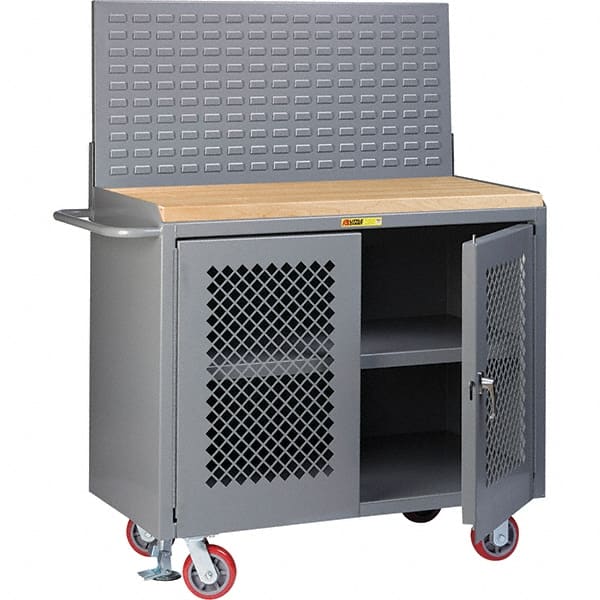 Little Giant - 3,600 Lb Capacity, 3 Shelf, 2 Door Mobile Bench Cabinet with Louvered Panel - 41" Wide x 24" Deep x 43" High, Steel, Gray - Exact Tooling