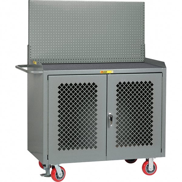 Little Giant - 3,600 Lb Capacity, 2 Shelf, 2 Door Mobile Bench Cabinet with Pegboard Panel - 41" Wide x 24" Deep x 43" High, Steel, Gray - Exact Tooling