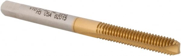 Vermont Tap & Die - #8-32 UNC, 2 Flute, TiN Finish, High Speed Steel Spiral Point Tap - Bottoming Chamfer, Right Hand Thread, 2-1/8" OAL, 3/4" Thread Length, 4.27mm Shank Diam, 2B Class of Fit, Series TN3112 - Exact Tooling