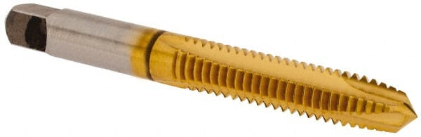 Vermont Tap & Die - 5/16-18 UNC, 3 Flute, TiN Finish, High Speed Steel Spiral Point Tap - Plug Chamfer, Right Hand Thread, 2-23/32" OAL, 1-1/8" Thread Length, 8.08mm Shank Diam, 2B Class of Fit, Series TN3112 - Exact Tooling