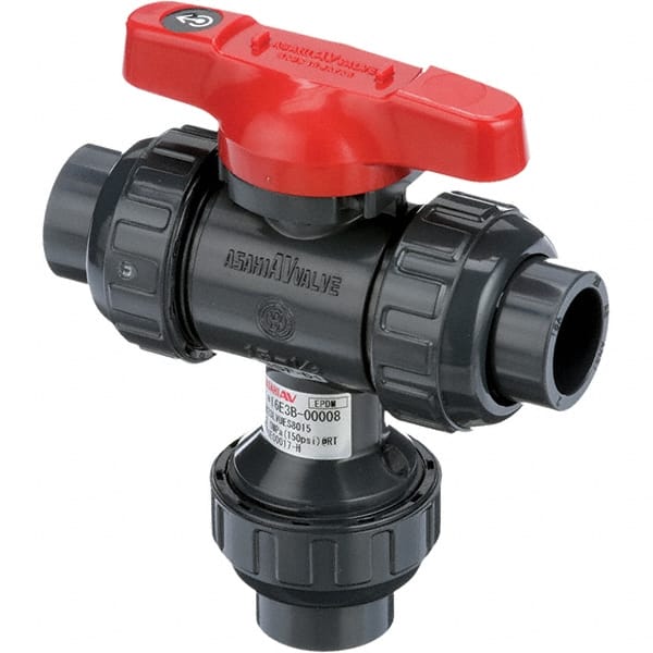 Asahi/America - 2-1/2" Pipe, Full Port, PVC Multiport Ball Valve - Three Way, Socket Ends, Tee Handle - Exact Tooling