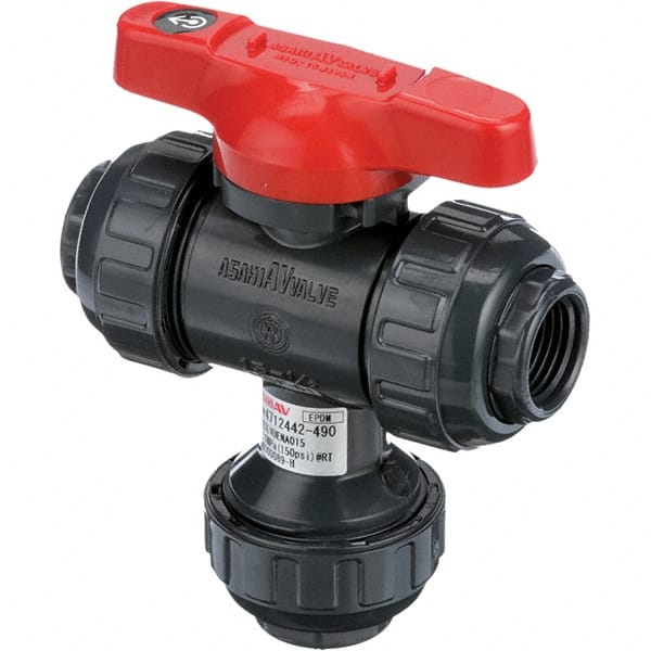 Asahi/America - 2-1/2" Pipe, Full Port, PVC Multiport Ball Valve - Three Way, Threaded Ends, Tee Handle - Exact Tooling
