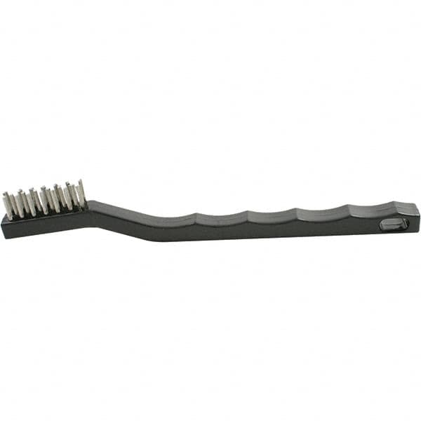 Brush Research Mfg. - 2 Rows x 7 Columns Stainless Steel Scratch Brush - 1/2" Brush Length, 7-1/4" OAL, 1/2 Trim Length, Wood Curved Back Handle - Exact Tooling
