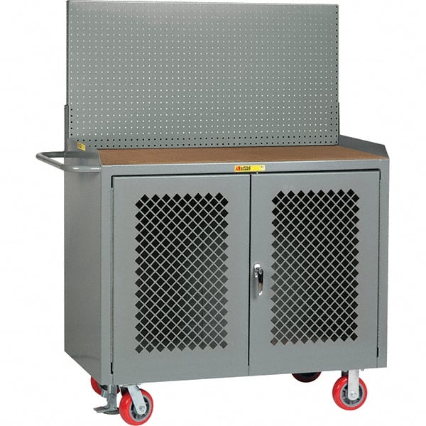 Little Giant - 3,600 Lb Capacity, 2 Shelf, 2 Door Mobile Bench Cabinet with Pegboard Panel - 41" Wide x 24" Deep x 43" High, Steel, Gray - Exact Tooling