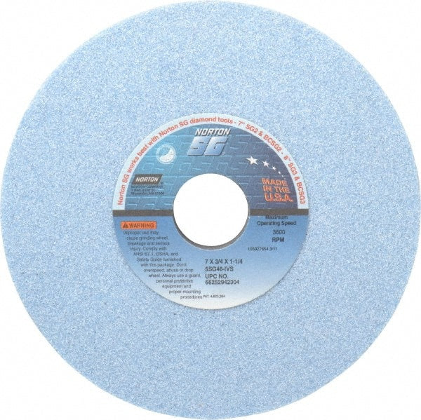 Norton - 7" Diam x 1-1/4" Hole x 3/4" Thick, I Hardness, 46 Grit Surface Grinding Wheel - Ceramic, Type 1, Coarse Grade, 3,600 Max RPM, Vitrified Bond, No Recess - Exact Tooling