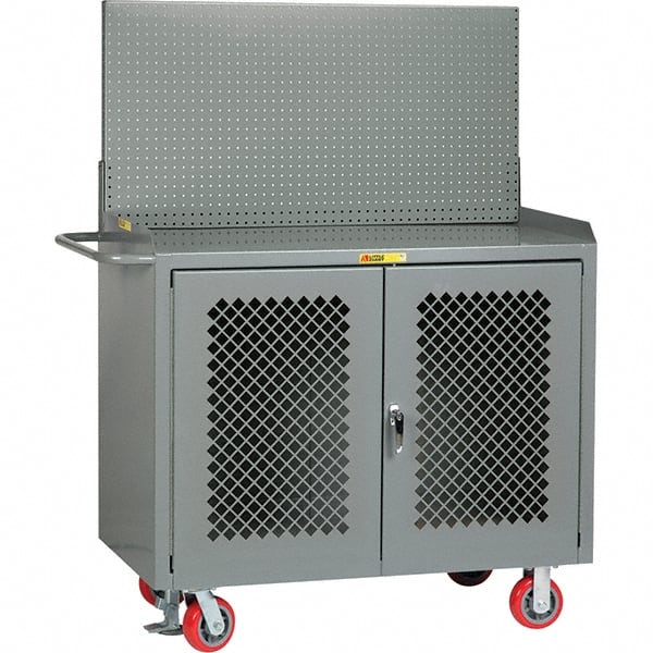 Little Giant - 3,600 Lb Capacity, 2 Shelf, 2 Door Mobile Bench Cabinet with Pegboard Panel - 41" Wide x 24" Deep x 43" High, Steel, Gray - Exact Tooling