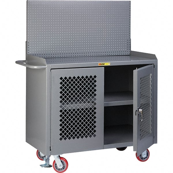 Little Giant - 3,600 Lb Capacity, 3 Shelf, 2 Door Mobile Bench Cabinet with Pegboard Panel - 41" Wide x 24" Deep x 43" High, Steel, Gray - Exact Tooling