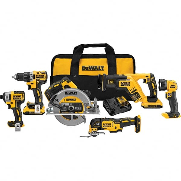DeWALT - Cordless Tool Combination Kits Voltage: 20 Tools: Compact Drill/Driver; 1/4" Impact Driver; 7-1/4" Circular Saw; Compact Reciprocating Saw; Oscillating Multi-Tool; LED Light - Exact Tooling