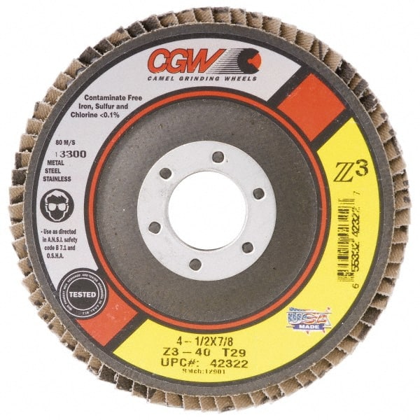 Camel Grinding Wheels - 80 Grit, 7" Disc Diam, 5/8-11 Center Hole, Type 29 Zirconia Alumina Flap Disc - 8,600 Max RPM, Poly Cotton Backing, Arbor Attaching System, Coated - Exact Tooling