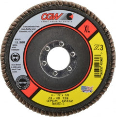 Camel Grinding Wheels - 40 Grit, 4-1/2" Disc Diam, 7/8" Center Hole, Type 29 Zirconia Alumina Flap Disc - 13,300 Max RPM, Poly Cotton Backing, Arbor Attaching System, Coated - Exact Tooling