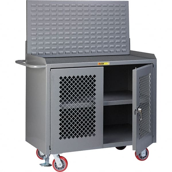 Little Giant - 3,600 Lb Capacity, 3 Shelf, 2 Door Mobile Bench Cabinet with Louvered Panel - 41" Wide x 24" Deep x 43" High, Steel, Gray - Exact Tooling