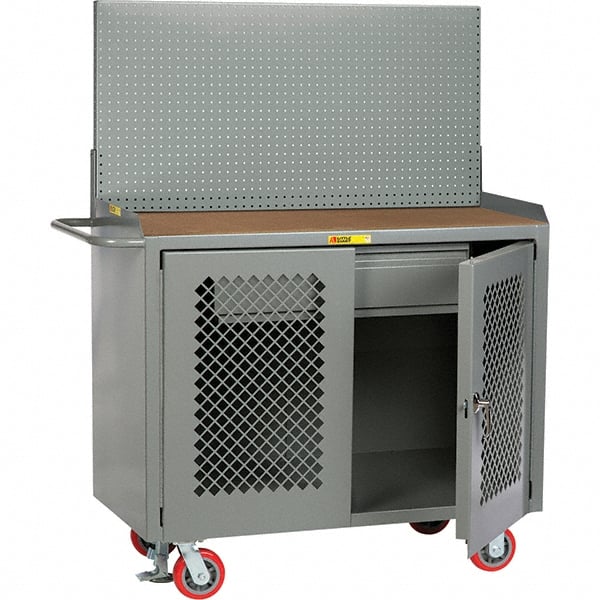Little Giant - 3,600 Lb Capacity, 2 Shelf, 1 Drawer, 2 Door Mobile Bench Cabinet with Pegboard Panel - 41" Wide x 24" Deep x 43" High, Steel, Gray - Exact Tooling