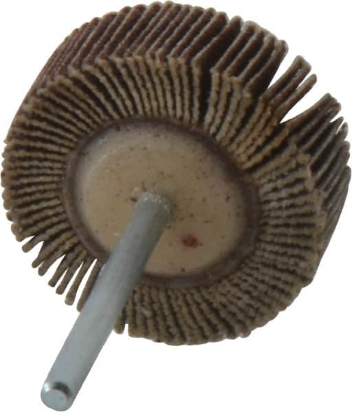 Merit Abrasives - 1-3/16" Diam x 3/8" Face Width, Fine Aluminum Oxide Coated Mounted Flap Wheel - 1/8" Shank Mount, 120 Grit, Cloth Backing, 30,000 Max RPM - Exact Tooling