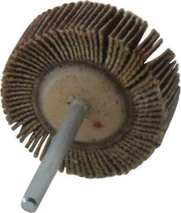 Merit Abrasives - 1-3/16" Diam x 3/8" Face Width, Fine Aluminum Oxide Coated Mounted Flap Wheel - 1/8" Shank Mount, 120 Grit, Cloth Backing, 30,000 Max RPM - Exact Tooling