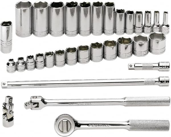 SK - 32 Piece 3/8" Drive Standard Deep Socket Set - 6 Points, 1/4 to 1", Inch Measurement Standard - Exact Tooling