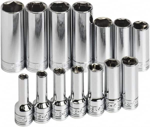 SK - 14 Piece 3/8" Drive Tethered Thin Wall Deep Socket Set - 6 Points, 6 to 19mm, Metric Measurement Standard - Exact Tooling