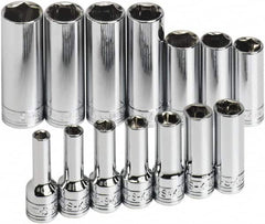 SK - 14 Piece 3/8" Drive Tethered Thin Wall Deep Socket Set - 6 Points, 6 to 19mm, Metric Measurement Standard - Exact Tooling