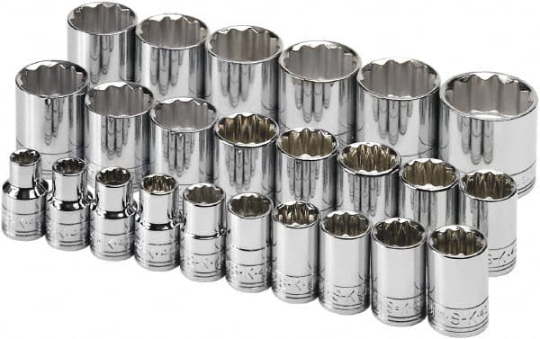 SK - 24 Piece 1/2" Drive Tethered Standard Socket Set - 12 Points, 10 to 36mm, Metric Measurement Standard - Exact Tooling