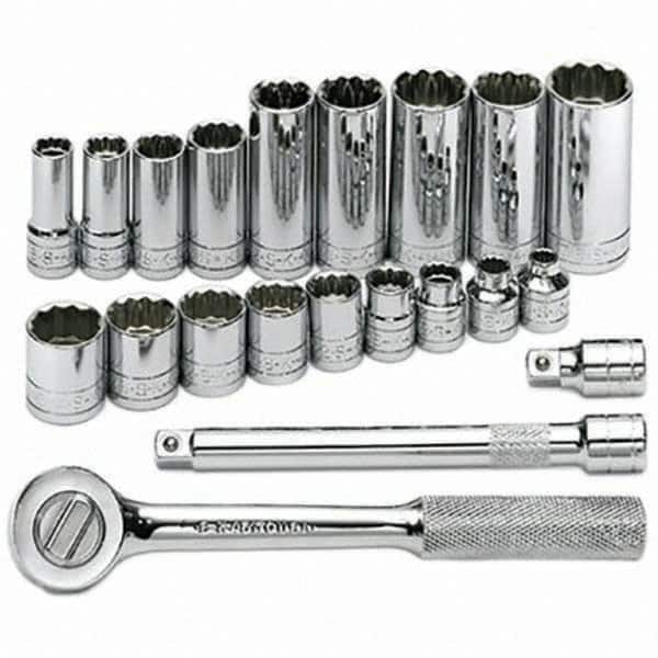 SK - 3/8" Drive Standard Deep Socket Set - 1/4 to 7/8", Inch Measurement Standard - Exact Tooling