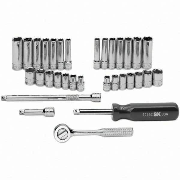SK - 1/4" Drive Standard Deep Socket Set - 1/4 to 1/2", 6 to 12mm, Inch/Metric Measurement Standard - Exact Tooling