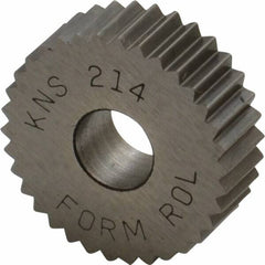 Made in USA - 3/4" Diam, 90° Tooth Angle, 14 TPI, Standard (Shape), Form Type High Speed Steel Straight Knurl Wheel - 1/4" Face Width, 1/4" Hole, Circular Pitch, Bright Finish, Series KN - Exact Tooling