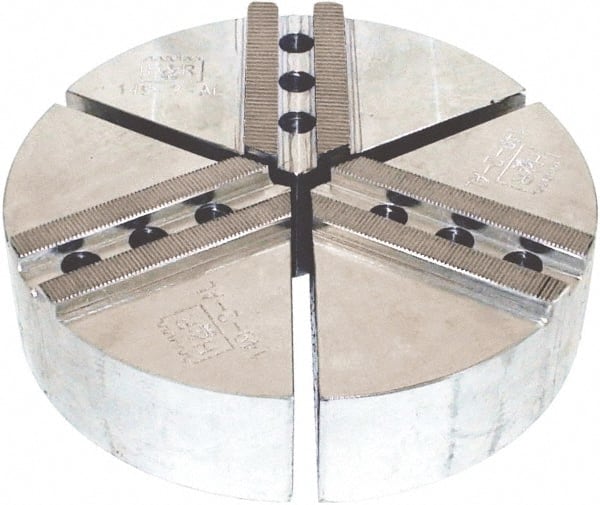 H & R Manufacturing - 15" Chuck Capacity, 1.5mm x 60° Serrated Attachment, Round Soft Lathe Chuck Jaw - 3 Jaws, Aluminum, 1.69" Btw Mount Hole Ctrs, 7-1/2" Long x 15" Wide x 4" High, 0.866" Groove, 20mm Fastener - Exact Tooling