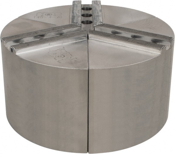 H & R Manufacturing - 1.5mm x 60° Serrated Attachment, Round Soft Lathe Chuck Jaw - 3 Jaws, Aluminum, 1" Btw Mount Hole Ctrs, 4" Long x 8" Wide x 4" High, 0.551" Groove, 12mm Fastener - Exact Tooling