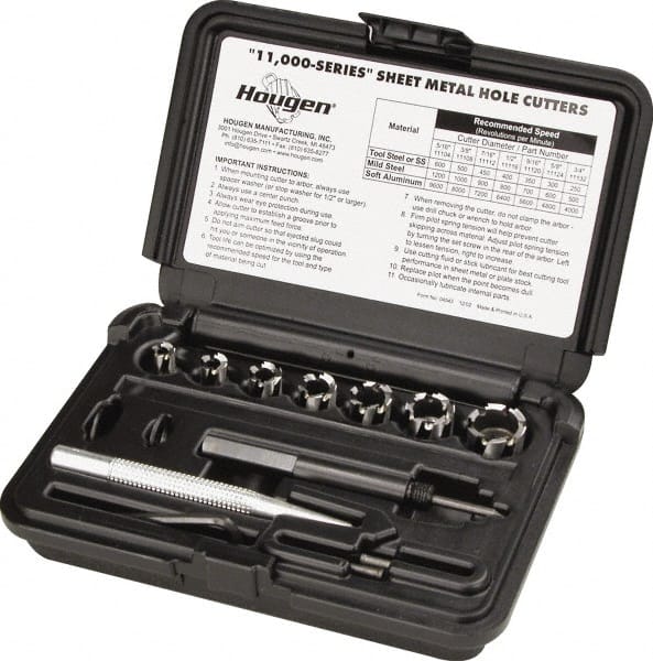 Hougen - 10 Piece, 8 to 20mm Cutter Diam, 1/4" Cutting Depth, High Speed Steel Annular Cutter Set - Bright Finish, 3/8" Shank Diam, 8, 10, 12, 14, 16, 18, 20mm Cutter Diams - Exact Tooling