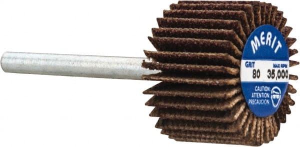 Merit Abrasives - 3/4" Diam x 1/2" Face Width, Medium Aluminum Oxide Coated Mounted Flap Wheel - 1/8" Shank Mount, 80 Grit, Cloth Backing, 35,000 Max RPM - Exact Tooling