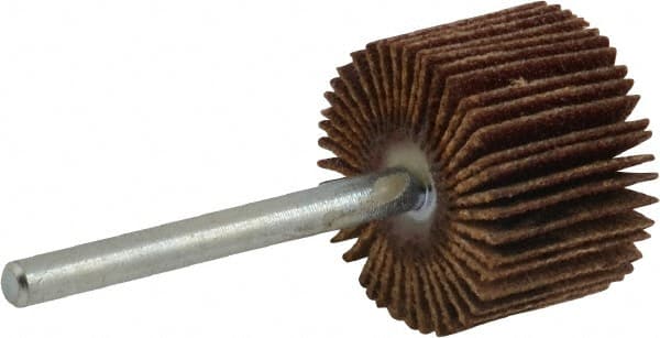 Merit Abrasives - 3/4" Diam x 1/2" Face Width, Fine Aluminum Oxide Coated Mounted Flap Wheel - 1/8" Shank Mount, 120 Grit, Cloth Backing, 35,000 Max RPM - Exact Tooling
