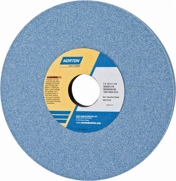 Norton - 7" Diam x 1-1/4" Hole x 1/2" Thick, L Hardness, 60 Grit Surface Grinding Wheel - Ceramic, Type 1, Medium Grade, 3,600 Max RPM, Vitrified Bond, No Recess - Exact Tooling