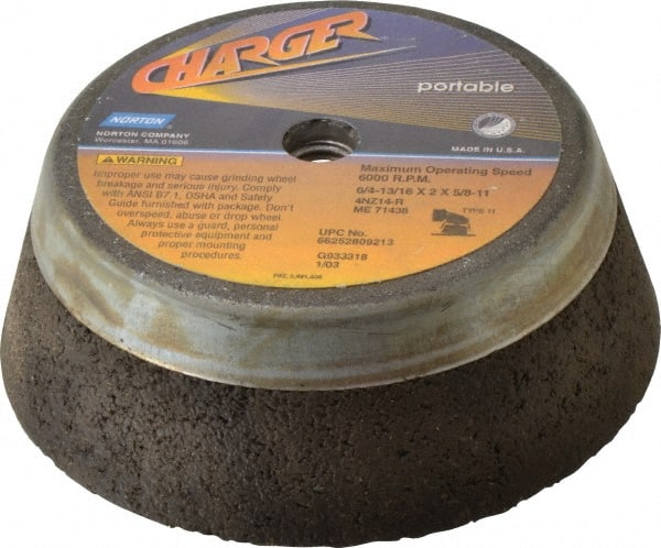 Norton - 6" Diam, 2" Overall Thickness, 14 Grit, Type 11 Tool & Cutter Grinding Wheel - Very Coarse Grade, Zirconia Alumina, R Hardness, 6,000 RPM - Exact Tooling