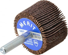 Merit Abrasives - 1-1/2" Diam x 1" Face Width, Medium Ceramic Alumina Coated Mounted Flap Wheel - 1/4" Shank Mount, 60 Grit, Cloth Backing, 25,000 Max RPM - Exact Tooling