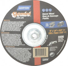 Norton - 24 Grit, 9" Wheel Diam, 1/4" Wheel Thickness, Type 28 Depressed Center Wheel - Aluminum Oxide, 6,600 Max RPM, Compatible with Angle Grinder - Exact Tooling