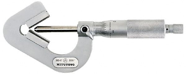 Mitutoyo - 0.05 to 0.6 Inch Measurement, 0.001 Inch Graduation, Accuracy Up to 0.0002 Inch, 3 Flutes Measured, Ratchet Stop Thimble, Mechanical V Anvil Micrometer - 6.35mm Spindle Diameter, Carbide, 23.46mm Throat Depth - Exact Tooling