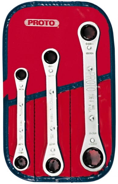 Proto - 3 Piece, 3/8" to 11/16", 12 Point Ratcheting Box Wrench Set - Inch Measurement Standard, Chrome Finish, Comes in Pouch - Exact Tooling
