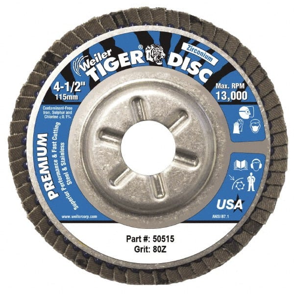 Weiler - 80 Grit, 4-1/2" Disc Diam, 7/8" Center Hole, Type 29 Zirconia Alumina Flap Disc - 13,000 Max RPM, Aluminum Backing, Arbor Attaching System, Coated - Exact Tooling