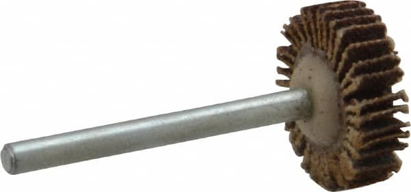 Merit Abrasives - 3/4" Diam x 3/16" Face Width, Medium Aluminum Oxide Coated Mounted Flap Wheel - 1/8" Shank Mount, 80 Grit, Cloth Backing, 35,000 Max RPM - Exact Tooling