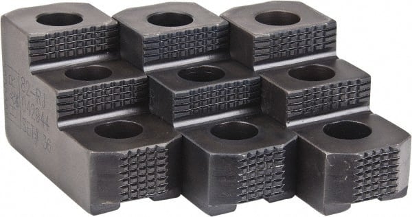 H & R Manufacturing - 10 to 11" Chuck Diam Compatibility, Case Hardened Steel 1.5mm x 60° Serrated Hard Lathe Top Jaws - 2 Steps, 0.63" Groove Width, 1-3/4" Wide x 4-1/4" Long x 2-15/32" High - Exact Tooling